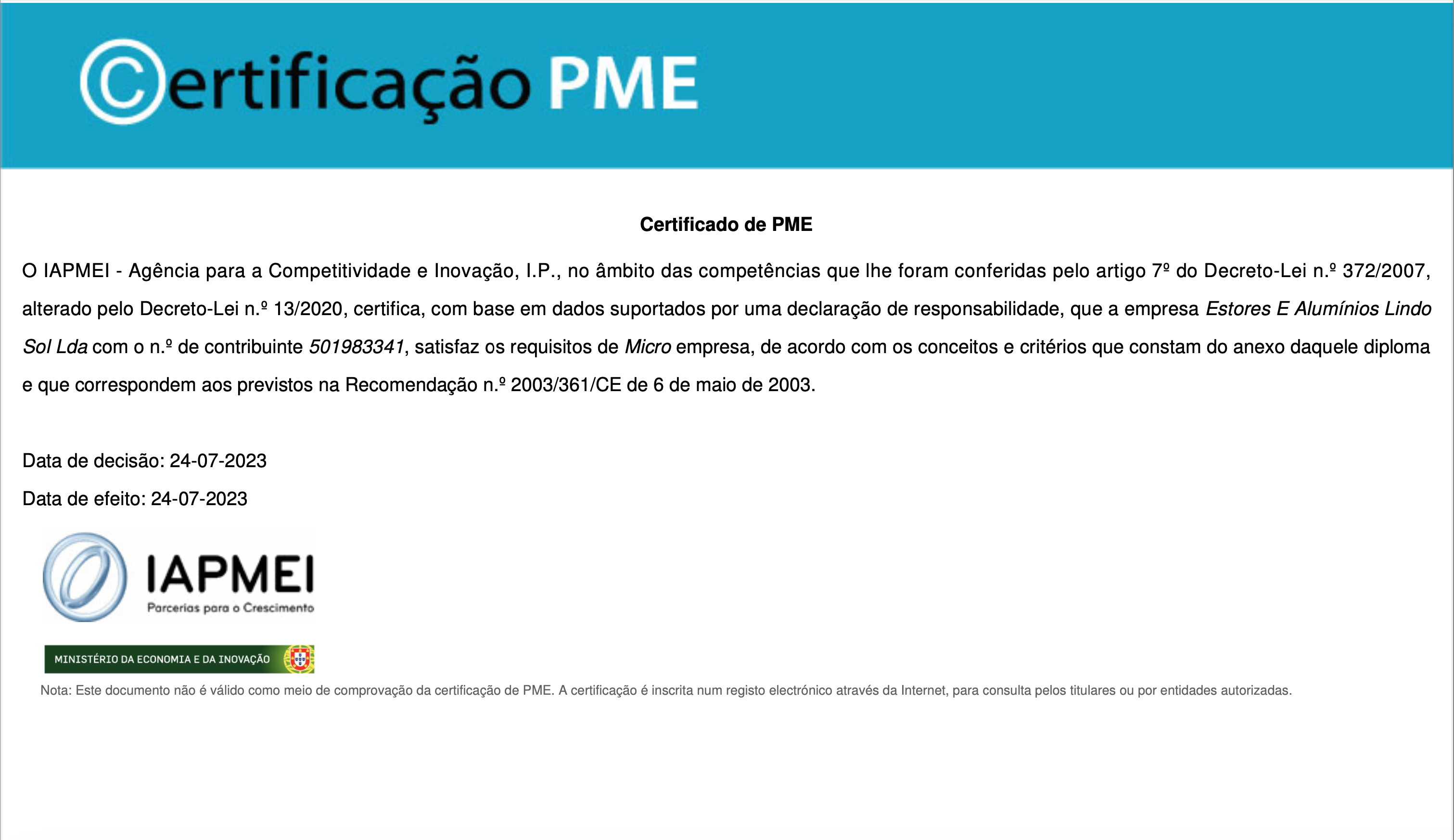 Certificat émis par l'IAPMEI